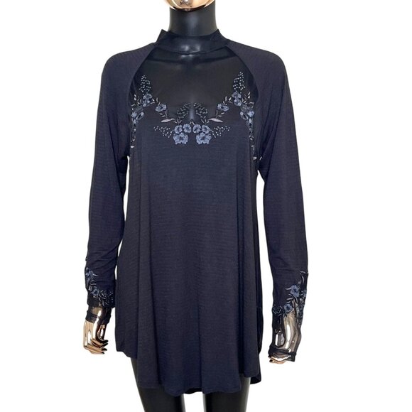🖤 Free People Embroidered Sheer Mesh Tunic Top Black Size Large - Picture 1 of 12